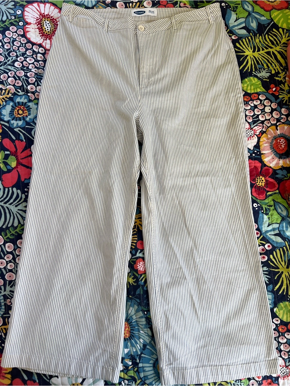 High Rise Wide Leg Stretch Carpenter Pants in Ivory with Blue Pin Stripes